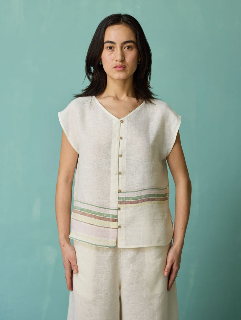 Xora Border Linen Cap-Sleeve Co-ord Set - Ivory linen co-ord set by Manan in ivory for women Worldwide