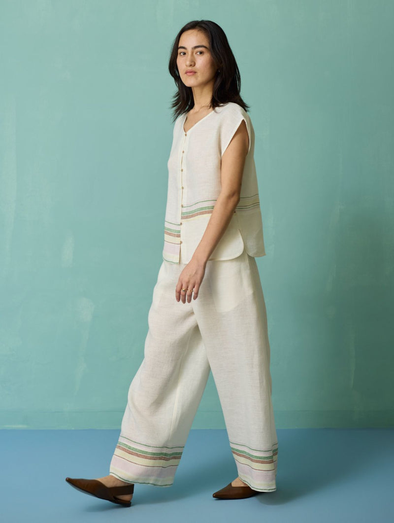 Xora Border Linen Cap-Sleeve Co-ord Set - Ivory linen co-ord set by Manan in ivory for women Worldwide