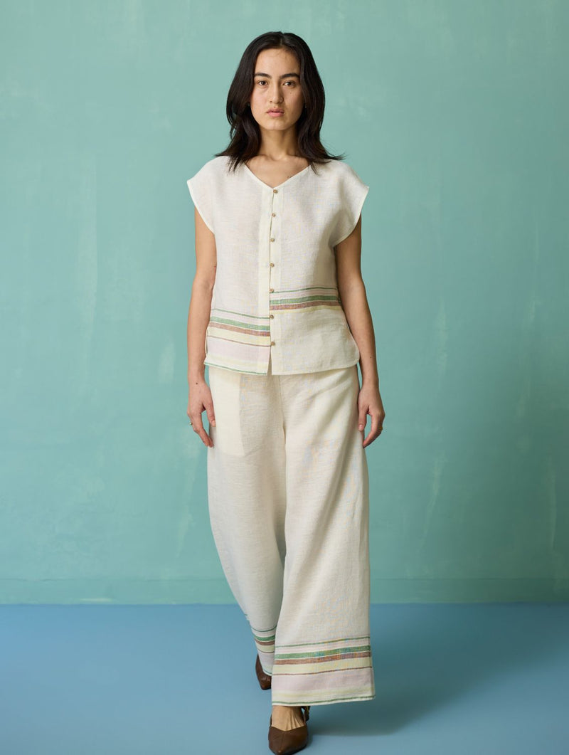 Xora Border Linen Cap-Sleeve Co-ord Set - Ivory linen co-ord set by Manan in ivory for women Worldwide