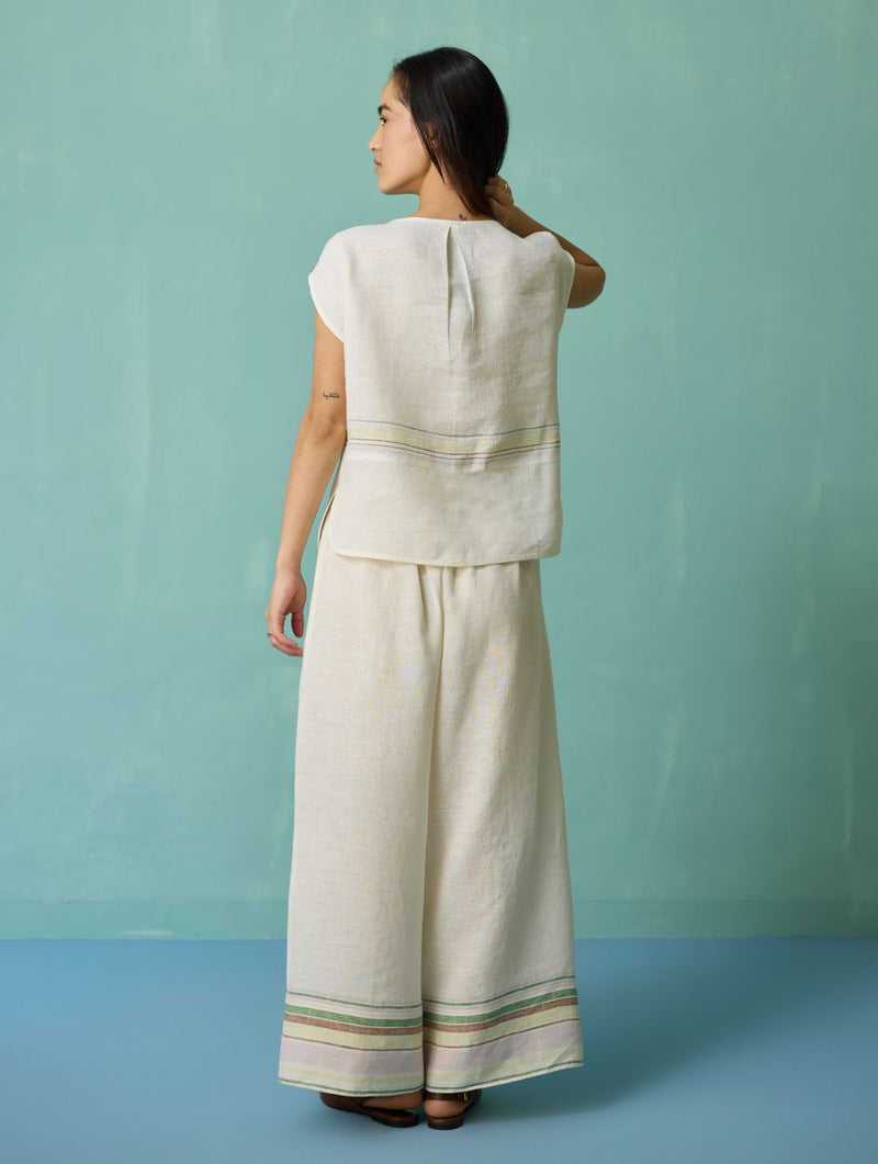 Xora Border Linen Cap-Sleeve Co-ord Set - Ivory linen co-ord set by Manan in ivory for women Worldwide