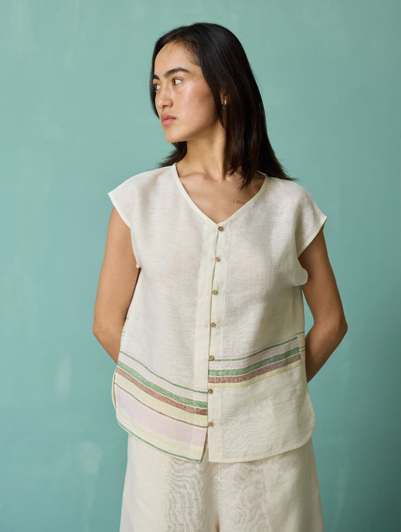 Xora Border Linen Cap-Sleeve Co-ord Set - Ivory linen co-ord set by Manan in ivory for women Worldwide