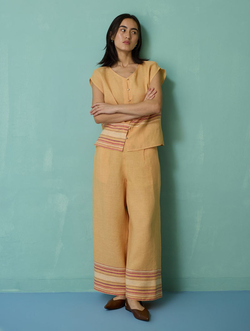 Xora Border Linen Cap-Sleeve Co-ord Set - Apricot linen co-ord set by Manan in apricot for women Worldwide