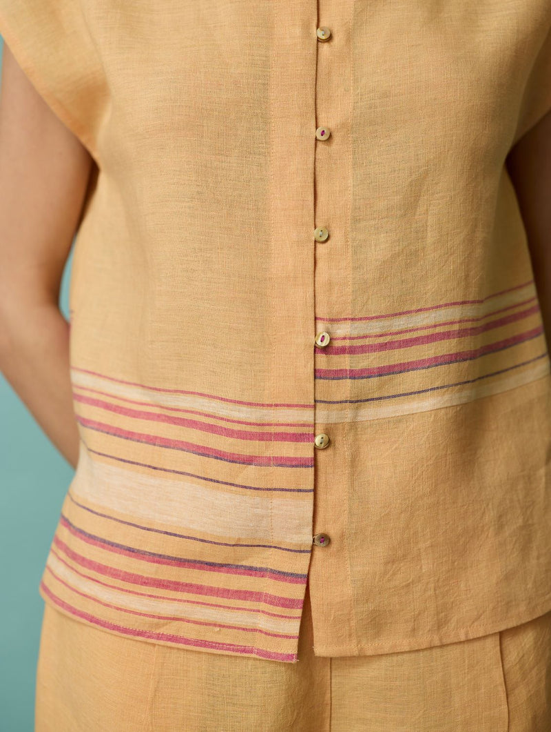 Xora Border Linen Cap-Sleeve Co-ord Set - Apricot linen co-ord set by Manan in apricot for women Worldwide