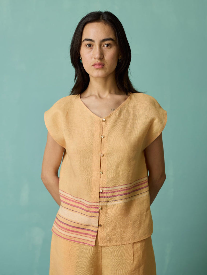 Xora Border Linen Cap-Sleeve Co-ord Set - Apricot linen co-ord set by Manan in apricot for women Worldwide