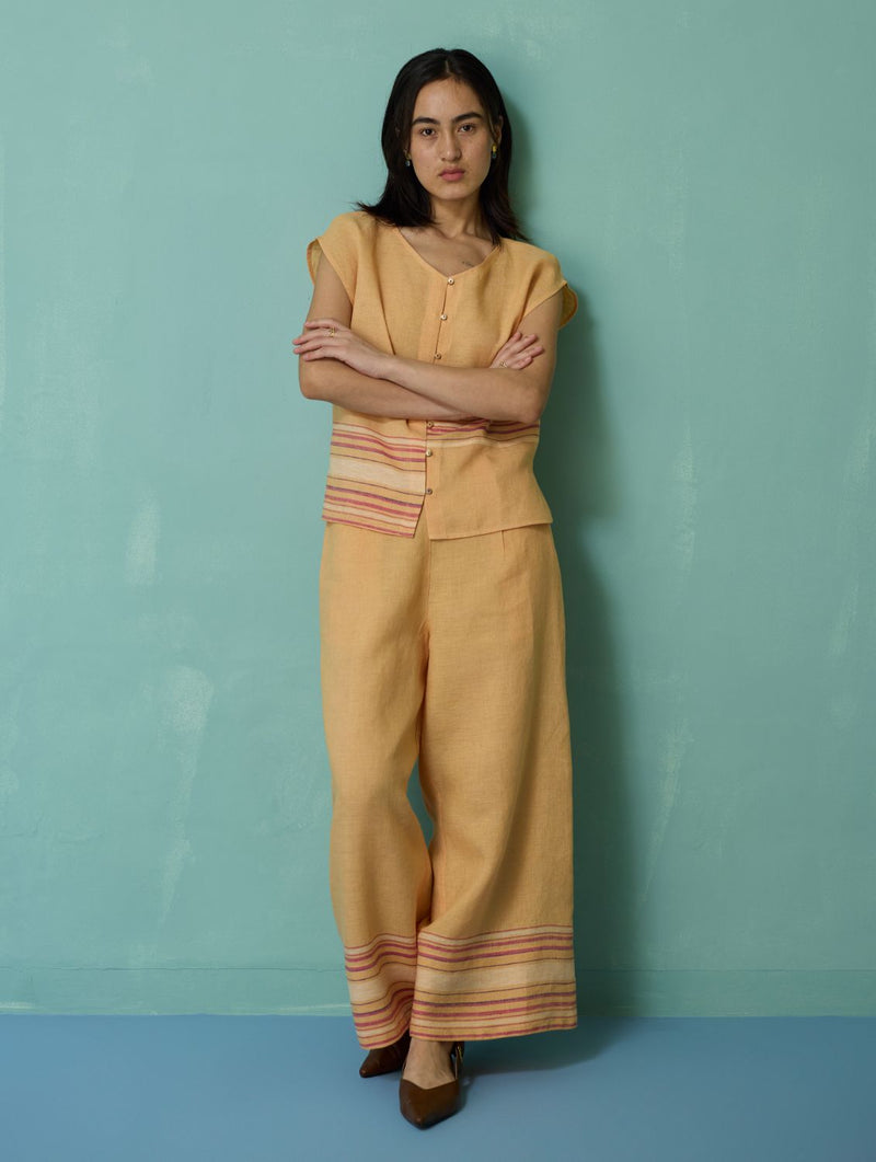 Xora Border Linen Cap-Sleeve Co-ord Set - Apricot linen co-ord set by Manan in apricot for women Worldwide