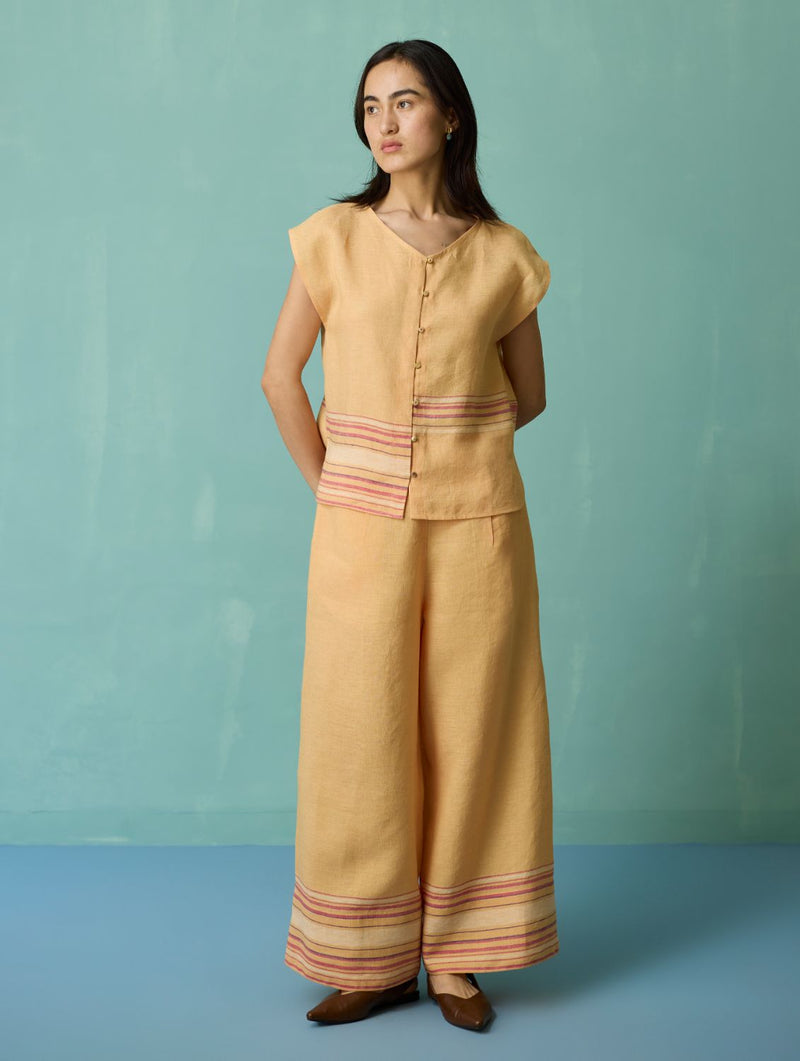Xora Border Linen Cap-Sleeve Co-ord Set - Apricot linen co-ord set by Manan in apricot for women Worldwide