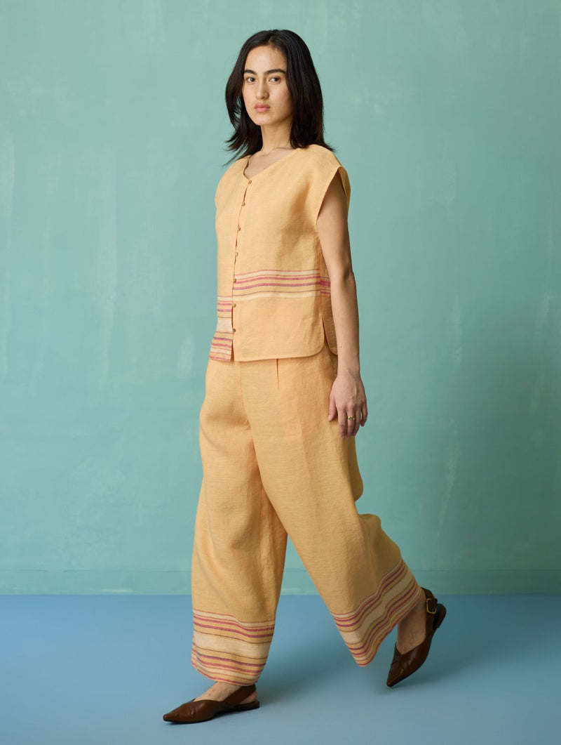 Xora Border Linen Cap-Sleeve Co-ord Set - Apricot linen co-ord set by Manan in apricot for women Worldwide