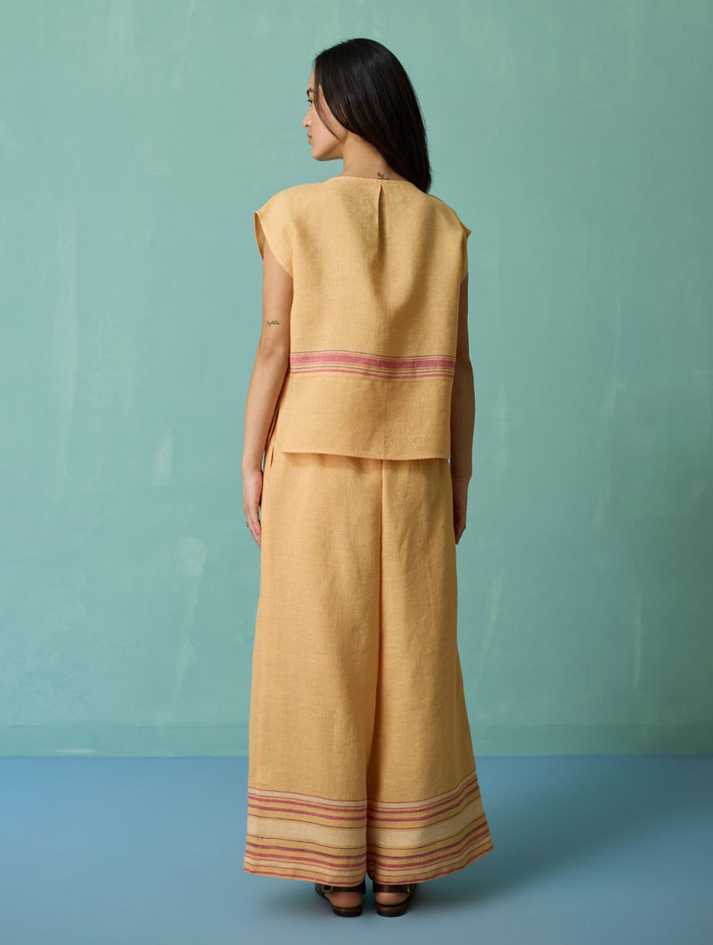 Xora Border Linen Cap-Sleeve Co-ord Set - Apricot linen co-ord set by Manan in apricot for women Worldwide