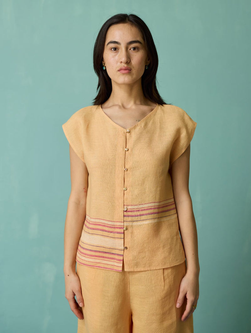 Xora Border Linen Cap-Sleeve Co-ord Set - Apricot linen co-ord set by Manan in apricot for women Worldwide