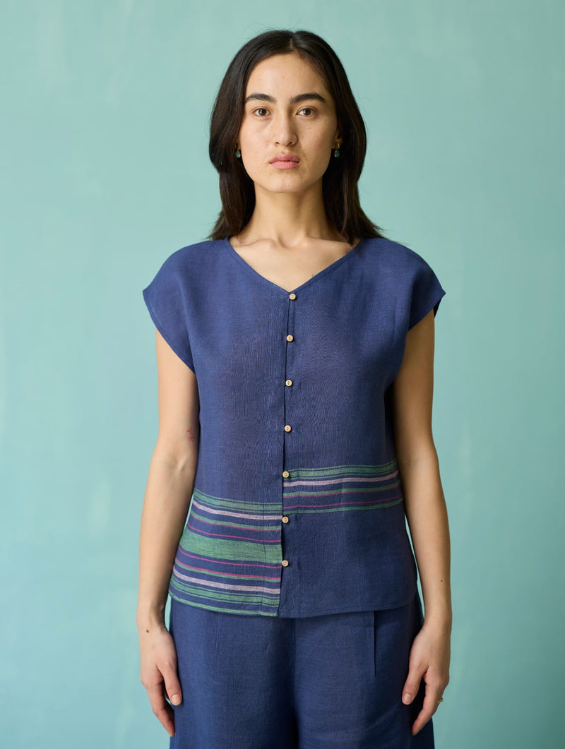 Xora Border Linen Cap-Sleeve Co-ord Set - Indigo linen co-ord set by Manan in navy for women Worldwide