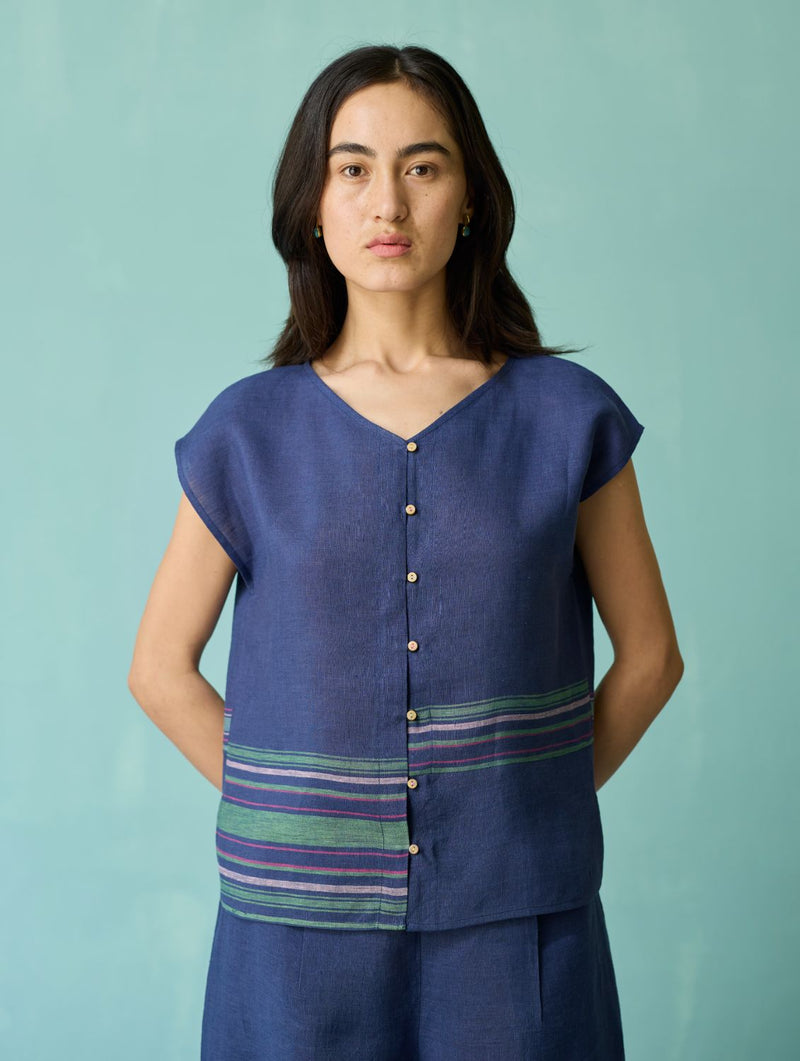 Xora Border Linen Cap-Sleeve Co-ord Set - Indigo linen co-ord set by Manan in navy for women Worldwide
