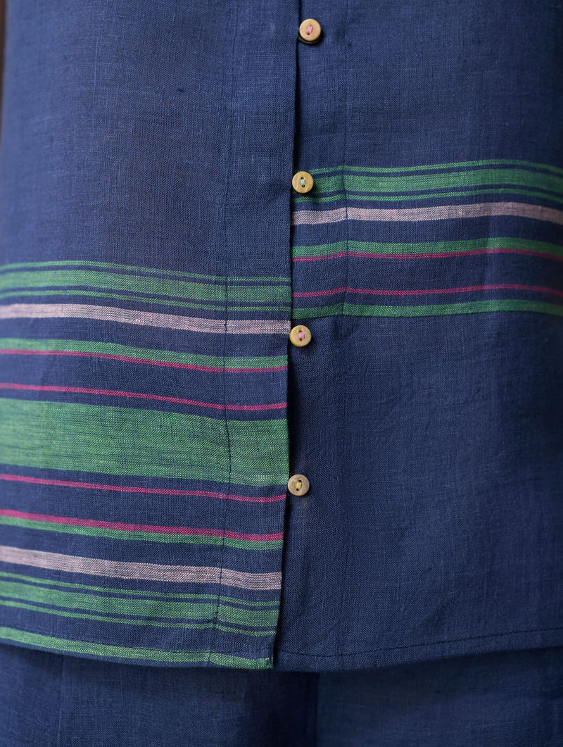 Xora Border Linen Cap-Sleeve Co-ord Set - Indigo linen co-ord set by Manan in navy for women Worldwide