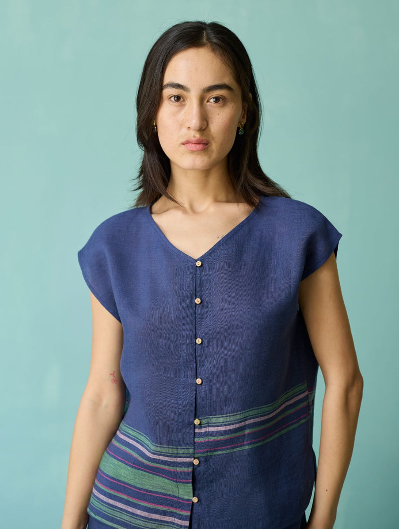 Xora Border Linen Cap-Sleeve Co-ord Set - Indigo linen co-ord set by Manan in navy for women Worldwide