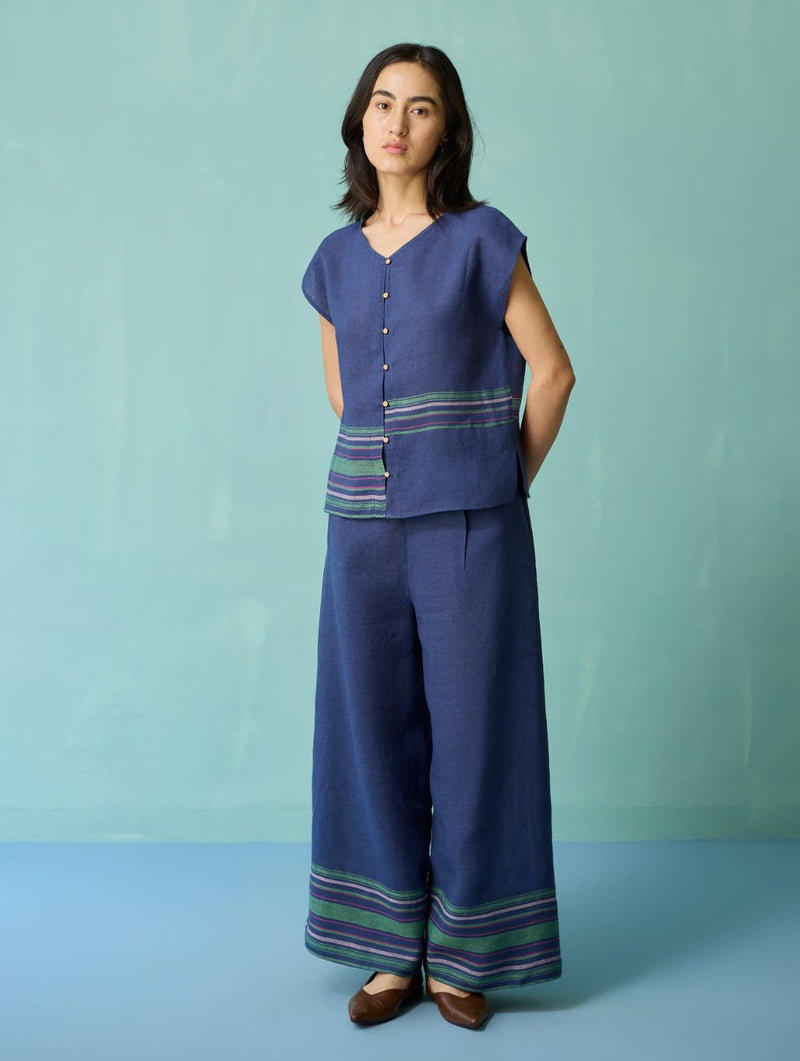 Xora Border Linen Cap-Sleeve Co-ord Set - Indigo linen co-ord set by Manan in navy for women Worldwide