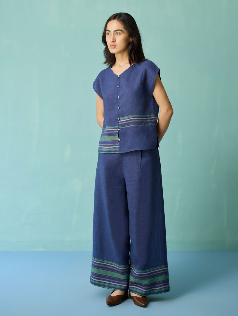 Xora Border Linen Cap-Sleeve Co-ord Set - Indigo linen co-ord set by Manan in navy for women Worldwide