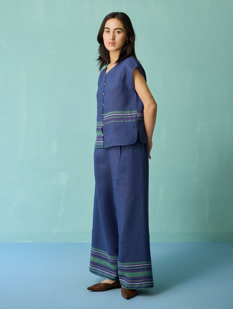 Xora Border Linen Cap-Sleeve Co-ord Set - Indigo linen co-ord set by Manan in navy for women Worldwide