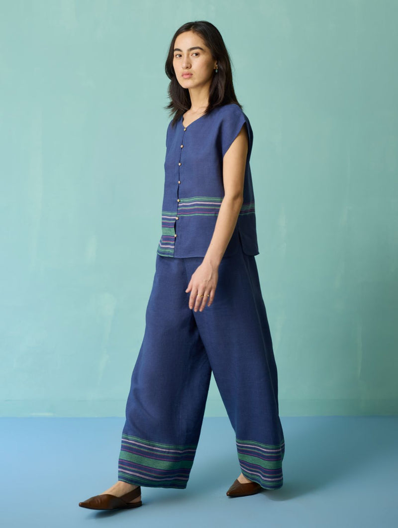 Xora Border Linen Cap-Sleeve Co-ord Set - Indigo linen co-ord set by Manan in navy for women Worldwide