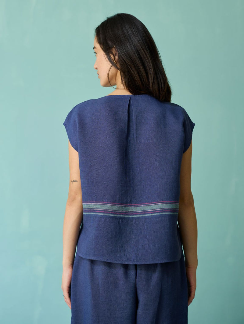 Xora Border Linen Cap-Sleeve Co-ord Set - Indigo linen co-ord set by Manan in navy for women Worldwide