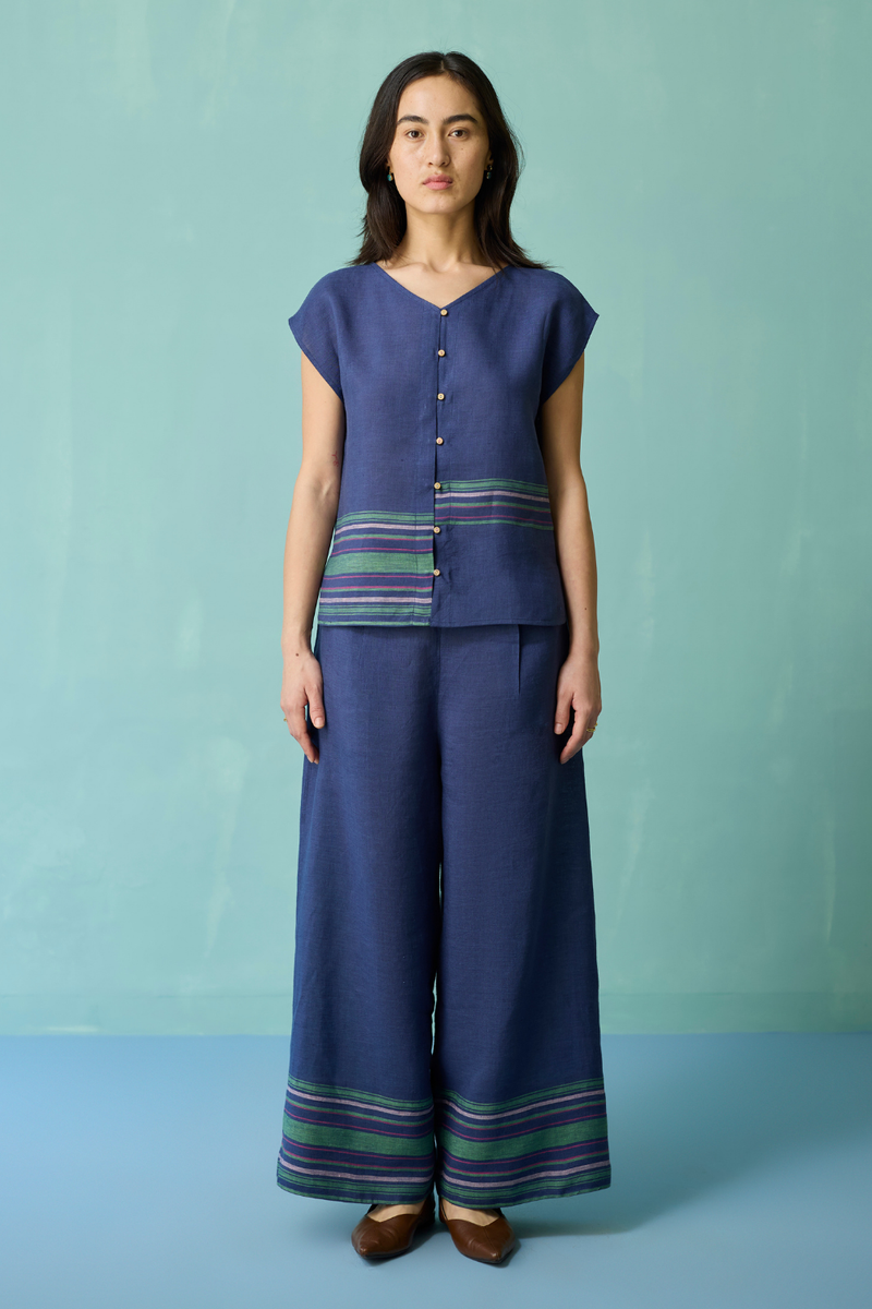 Xora Border Linen Cap-Sleeve Co-ord Set - Indigo linen co-ord set by Manan in navy for women Worldwide