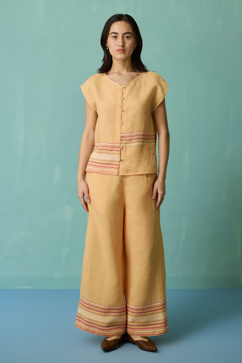 Xora Border Linen Cap-Sleeve Co-ord Set - Apricot linen co-ord set by Manan in apricot for women Worldwide
