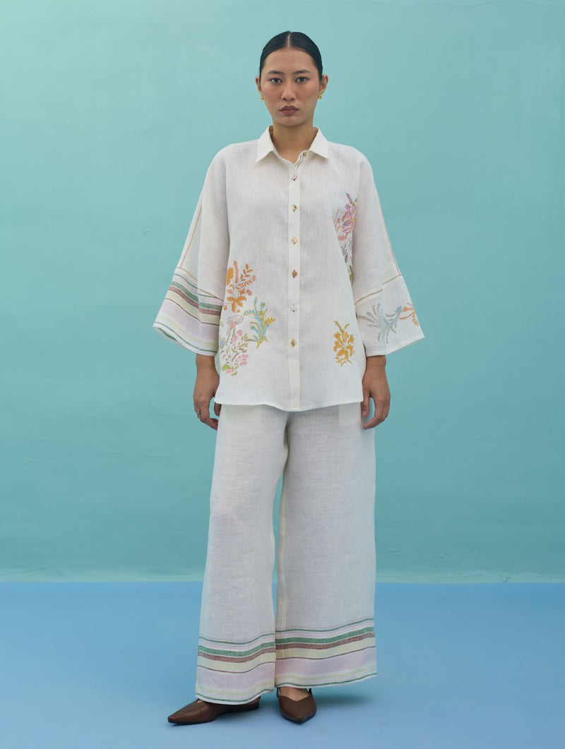 Iva Block Printed Embroidered Co-ord Set - Ivory linen co-ord set by Manan in ivory for women Worldwide