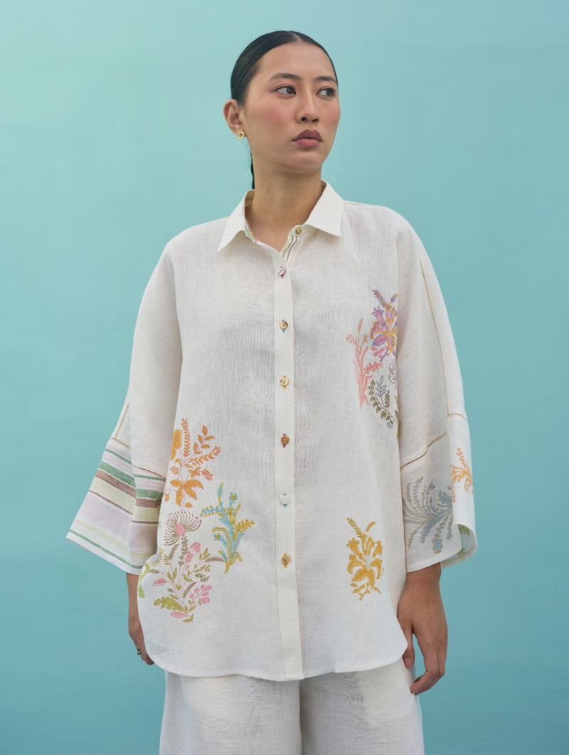 Iva Block Printed Embroidered Co-ord Set - Ivory linen co-ord set by Manan in ivory for women Worldwide