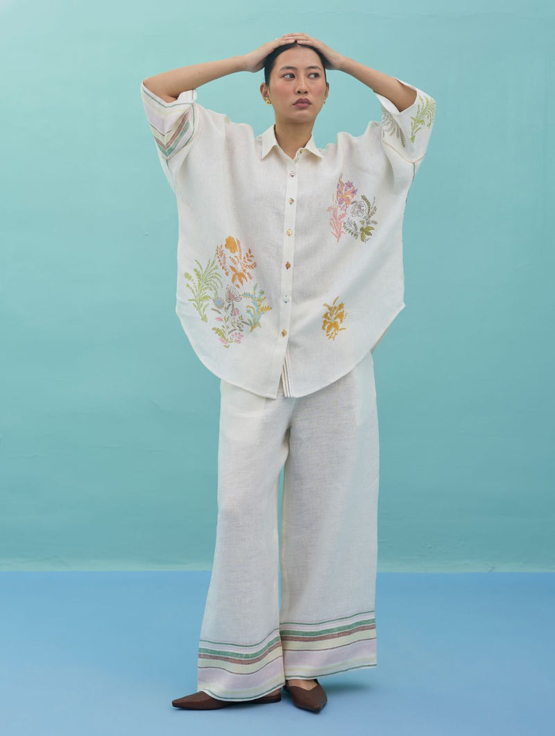 Iva Block Printed Embroidered Co-ord Set - Ivory linen co-ord set by Manan in ivory for women Worldwide