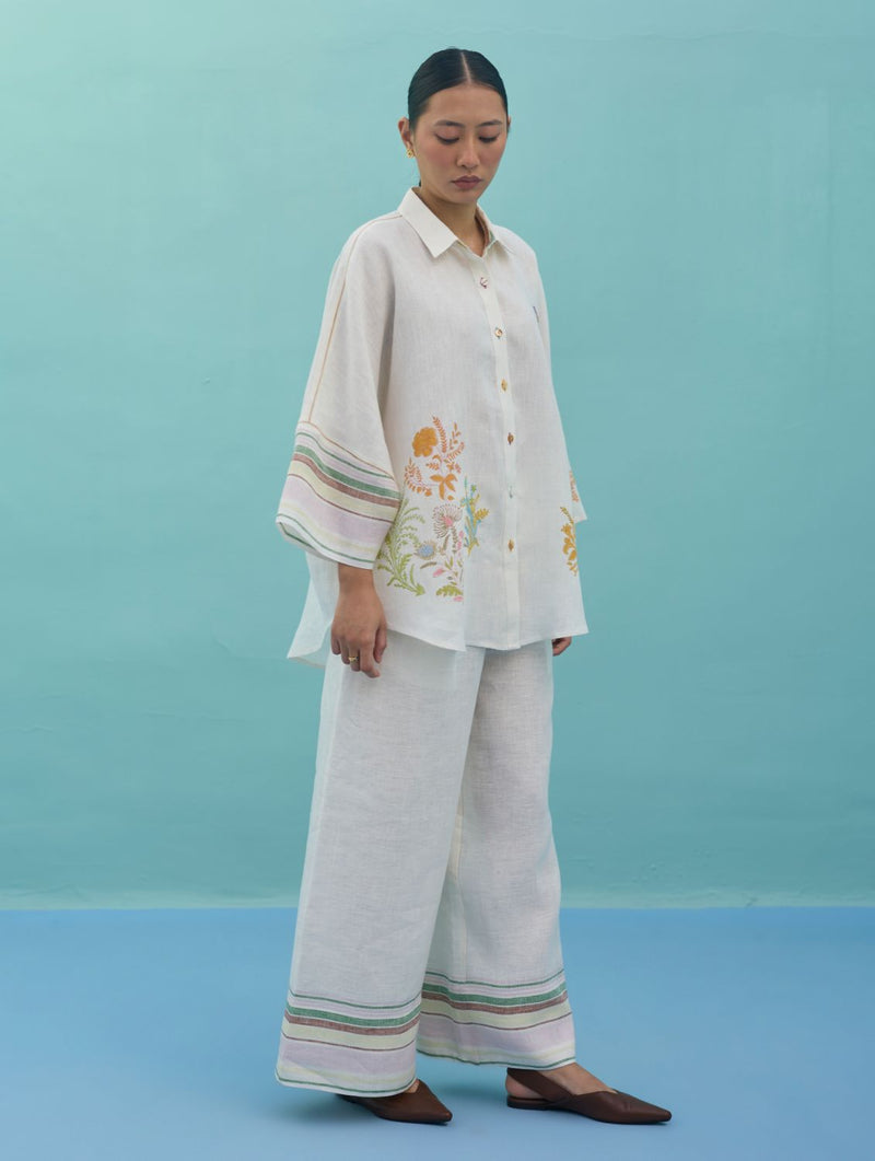 Iva Block Printed Embroidered Co-ord Set - Ivory linen co-ord set by Manan in ivory for women Worldwide