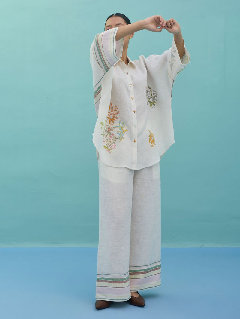 Iva Block Printed Embroidered Co-ord Set - Ivory linen co-ord set by Manan in ivory for women Worldwide