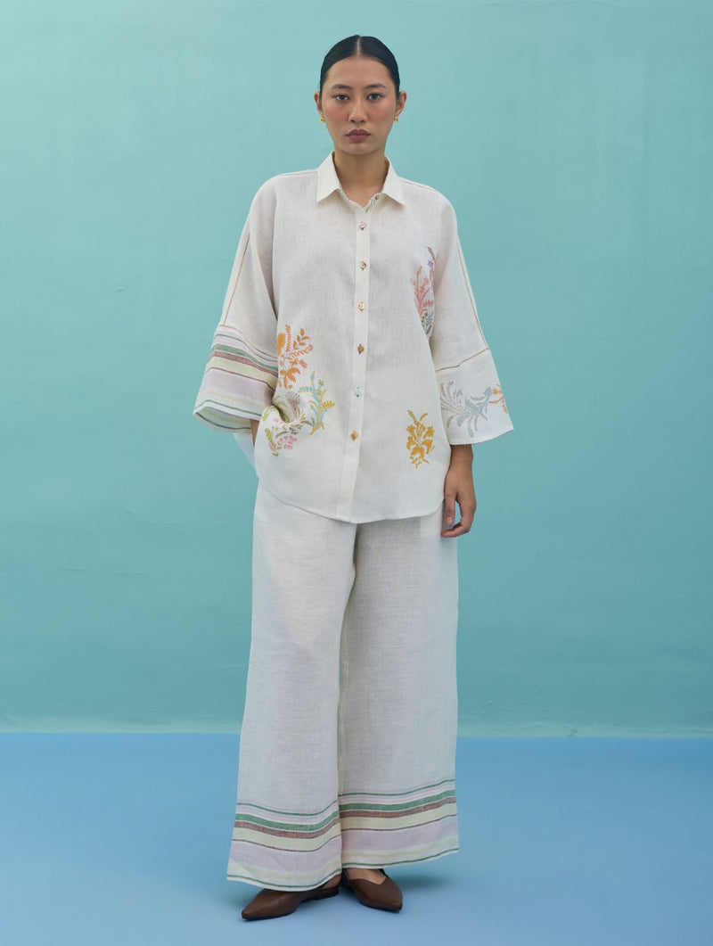 Iva Block Printed Embroidered Co-ord Set - Ivory linen co-ord set by Manan in ivory for women Worldwide