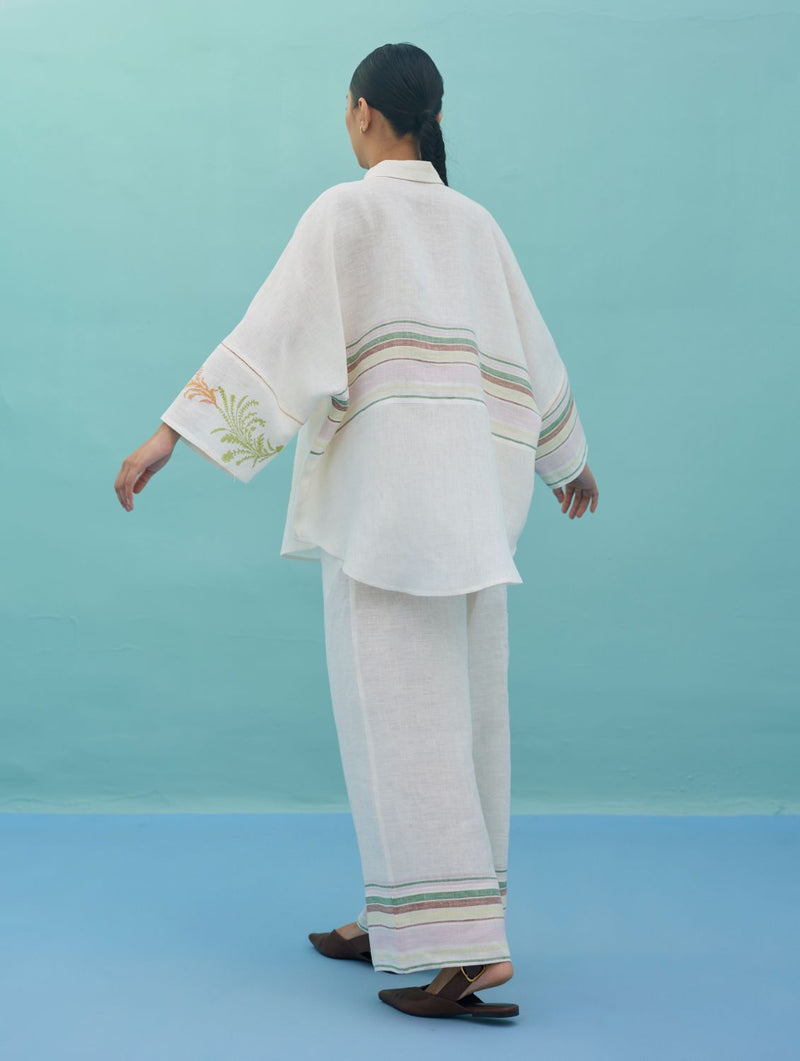 Iva Block Printed Embroidered Co-ord Set - Ivory linen co-ord set by Manan in ivory for women Worldwide