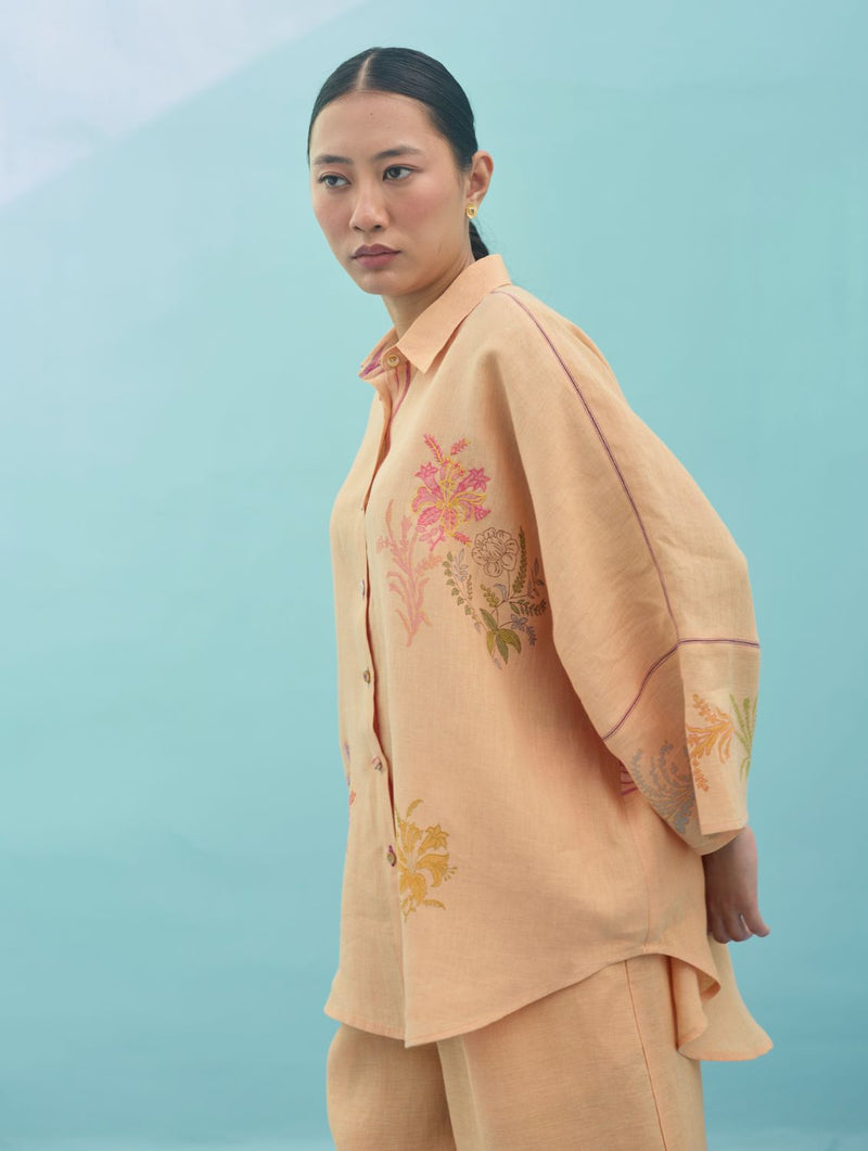 Iva Block Printed Embroidered Co-ord Set - Apricot linen co-ord set by Manan in apricot for women Worldwide