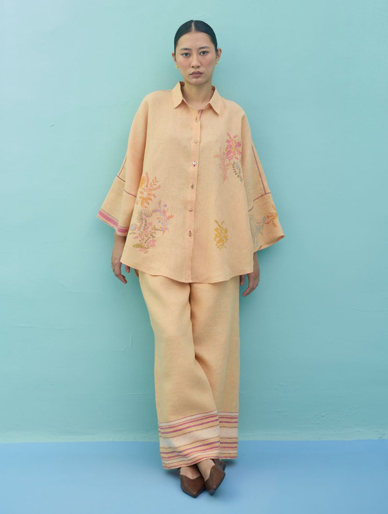 Iva Block Printed Embroidered Co-ord Set - Apricot linen co-ord set by Manan in apricot for women Worldwide
