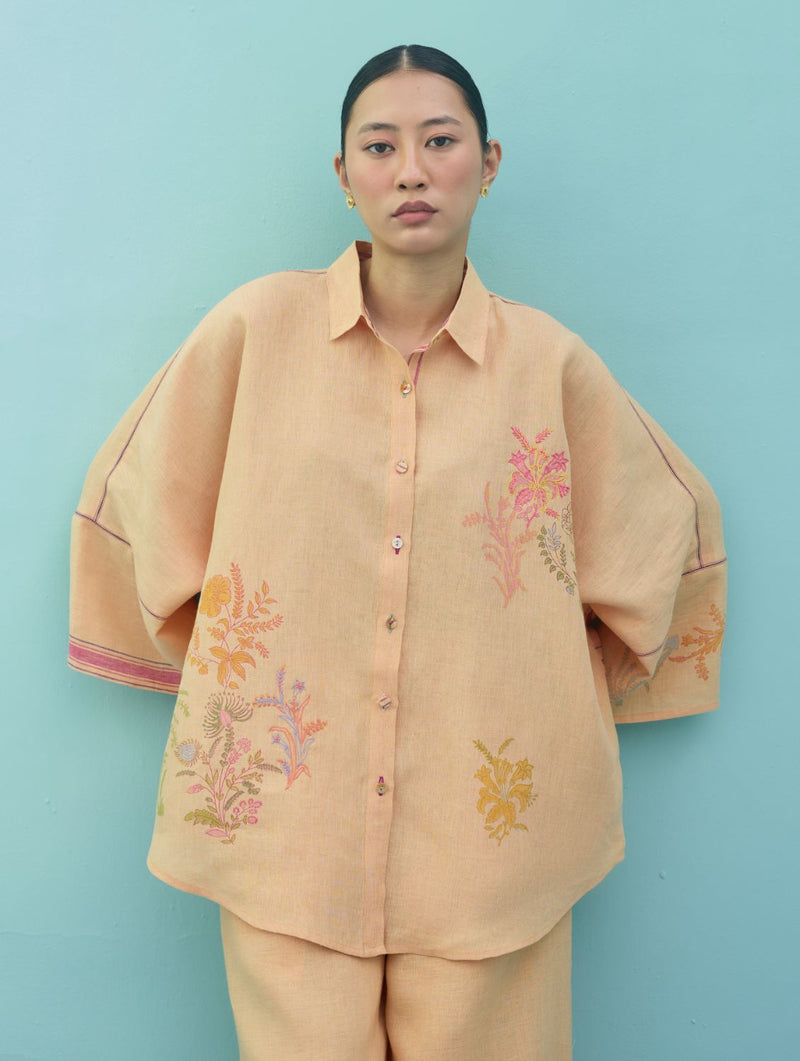 Iva Block Printed Embroidered Co-ord Set - Apricot linen co-ord set by Manan in apricot for women Worldwide