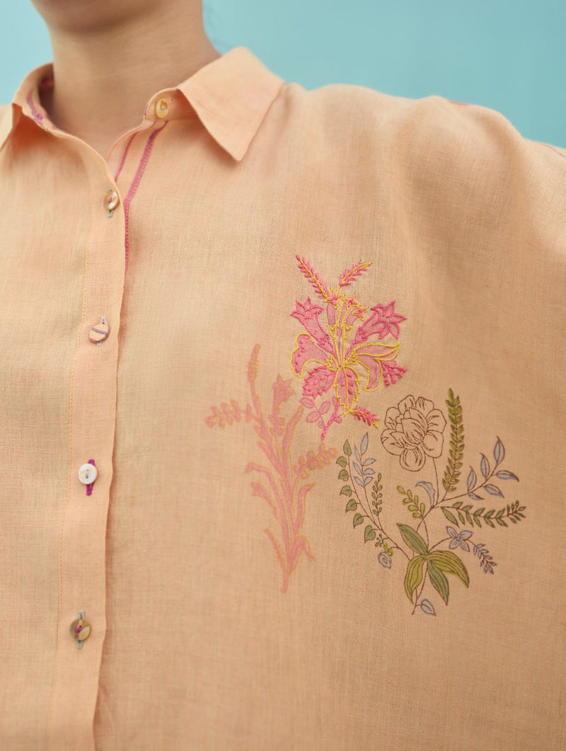 Iva Block Printed Embroidered Co-ord Set - Apricot linen co-ord set by Manan in apricot for women Worldwide