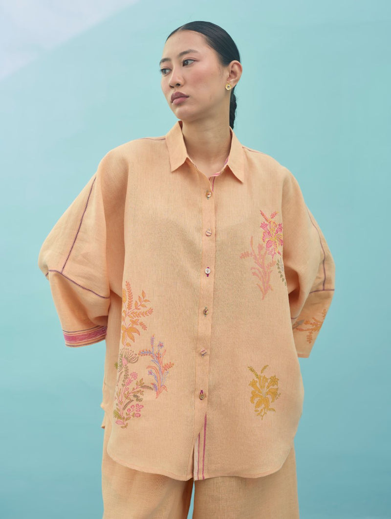 Iva Block Printed Embroidered Co-ord Set - Apricot linen co-ord set by Manan in apricot for women Worldwide