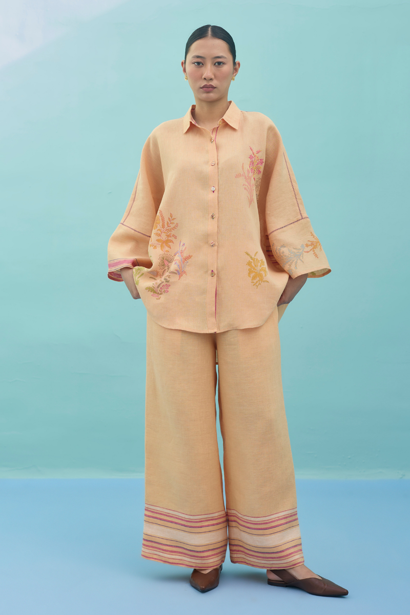 Iva Block Printed Embroidered Co-ord Set - Apricot linen co-ord set by Manan in apricot for women Worldwide