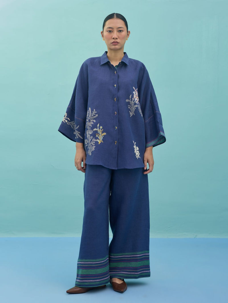 Iva Block Printed Embroidered Co-ord Set - Indigo linen co-ord set by Manan in navy for women Worldwide