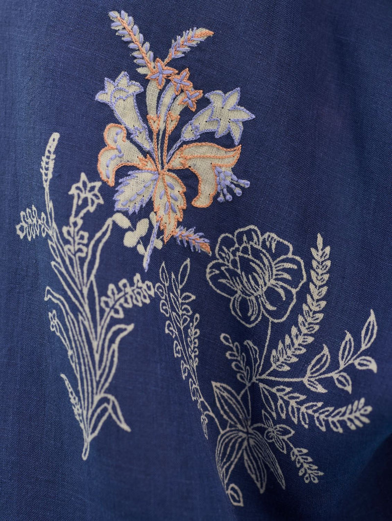 Iva Block Printed Embroidered Co-ord Set - Indigo linen co-ord set by Manan in navy for women Worldwide