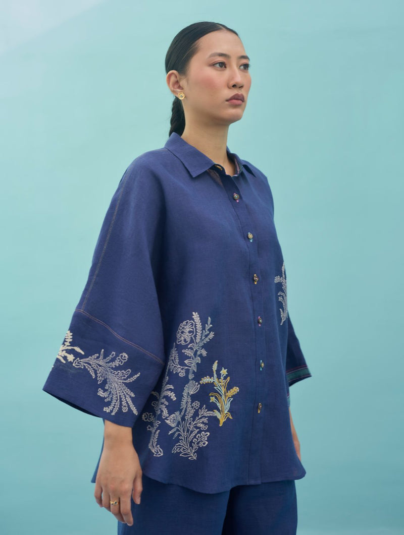 Iva Block Printed Embroidered Co-ord Set - Indigo linen co-ord set by Manan in navy for women Worldwide