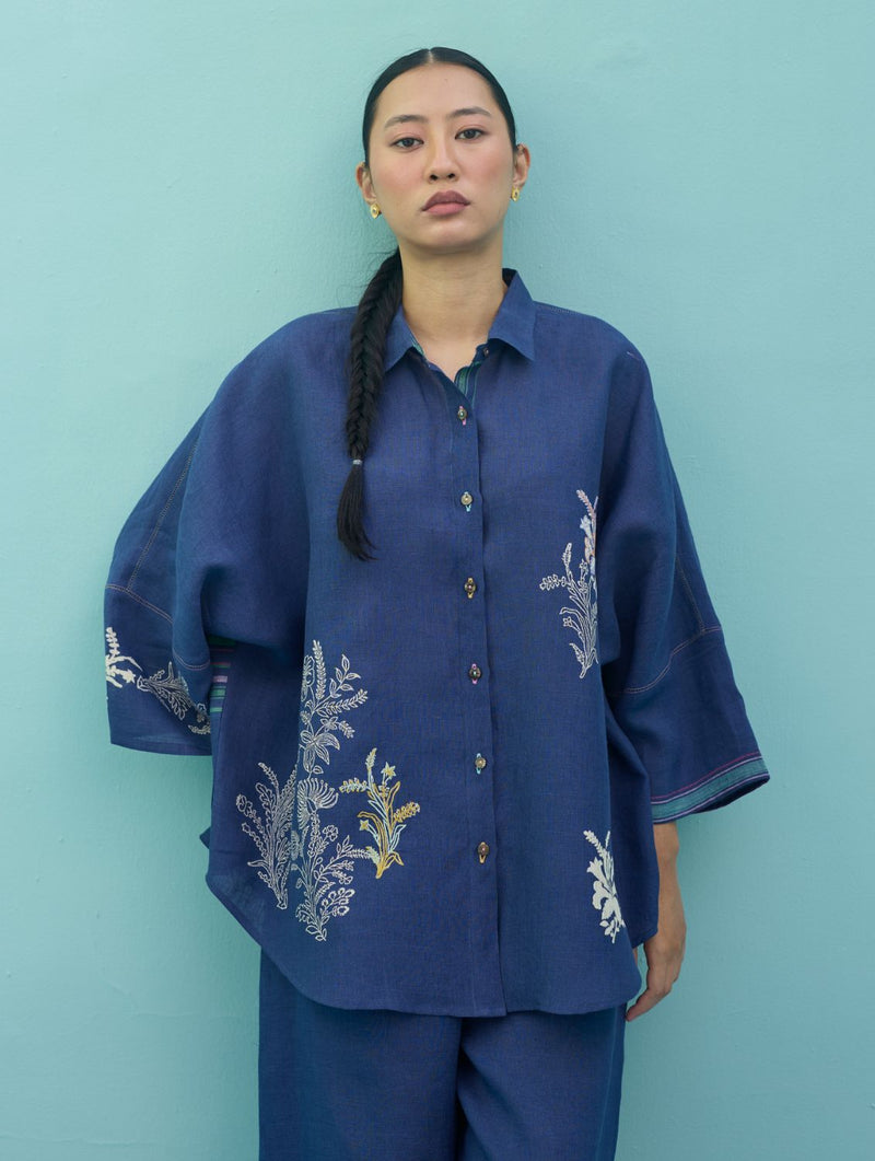 Iva Block Printed Embroidered Co-ord Set - Indigo linen co-ord set by Manan in navy for women Worldwide