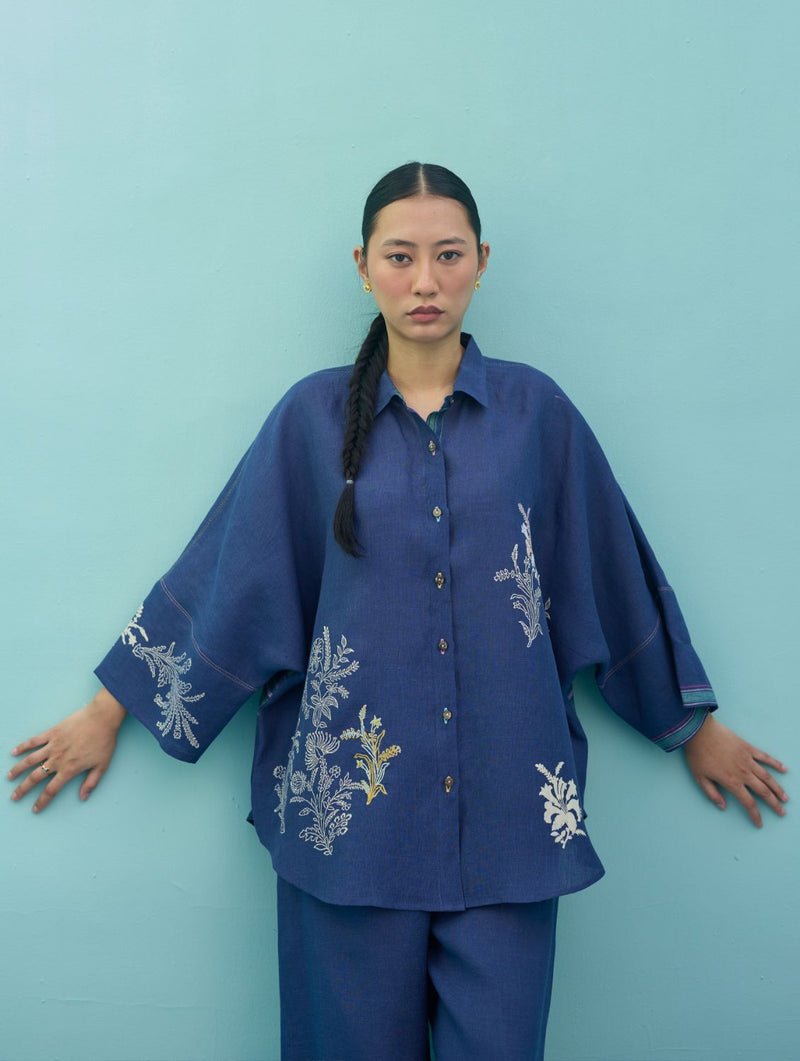 Iva Block Printed Embroidered Co-ord Set - Indigo linen co-ord set by Manan in navy for women Worldwide
