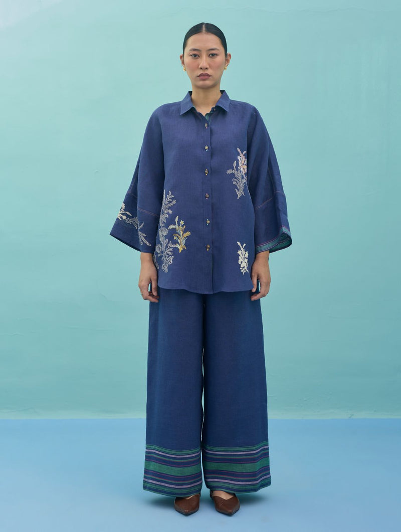 Iva Block Printed Embroidered Co-ord Set - Indigo linen co-ord set by Manan in navy for women Worldwide