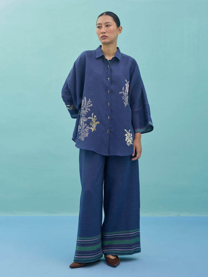 Iva Block Printed Embroidered Co-ord Set - Indigo linen co-ord set by Manan in navy for women Worldwide