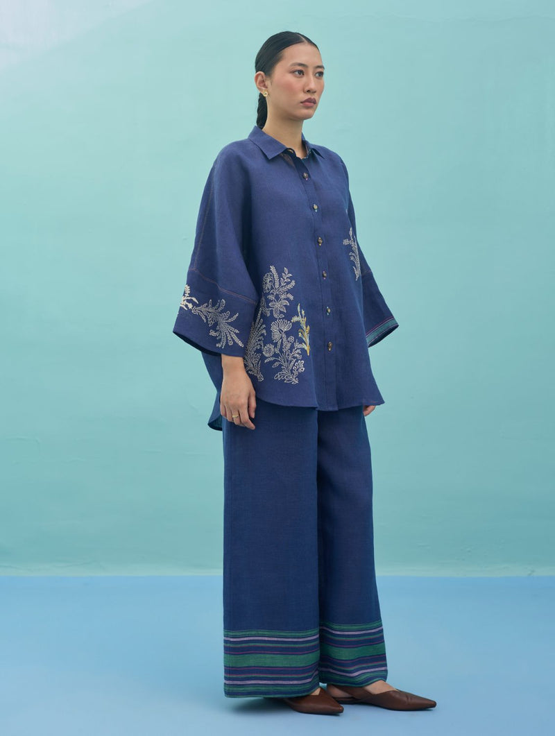 Iva Block Printed Embroidered Co-ord Set - Indigo linen co-ord set by Manan in navy for women Worldwide