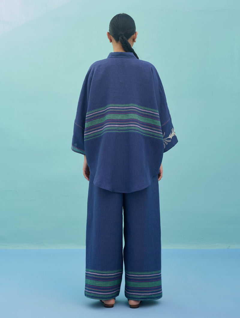 Iva Block Printed Embroidered Co-ord Set - Indigo linen co-ord set by Manan in navy for women Worldwide