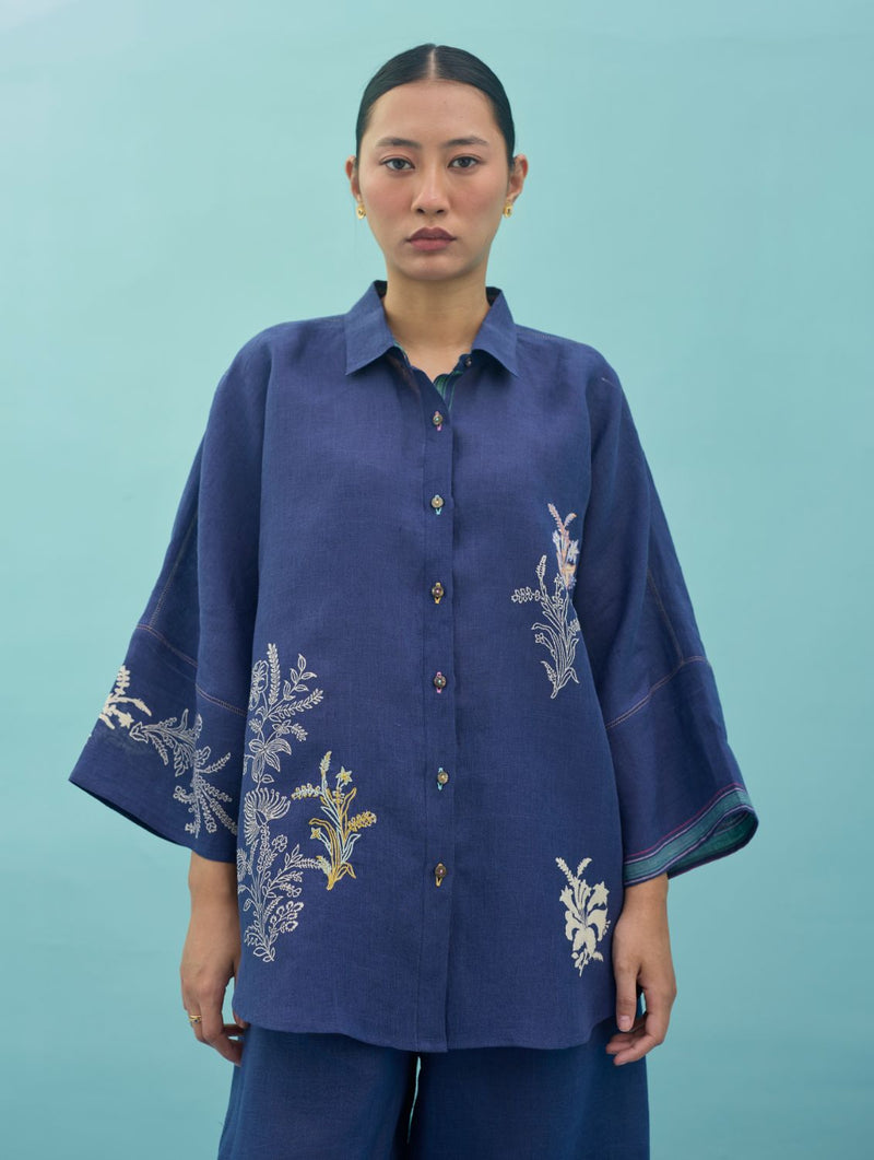 Iva Block Printed Embroidered Co-ord Set - Indigo linen co-ord set by Manan in navy for women Worldwide