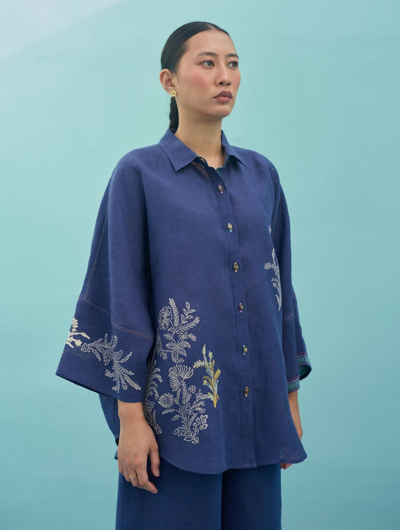 Iva Block Printed Embroidered Co-ord Set - Indigo linen co-ord set by Manan in navy for women Worldwide