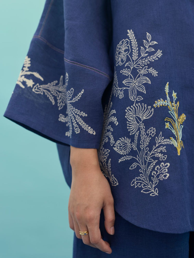 Iva Block Printed Embroidered Co-ord Set - Indigo linen co-ord set by Manan in navy for women Worldwide