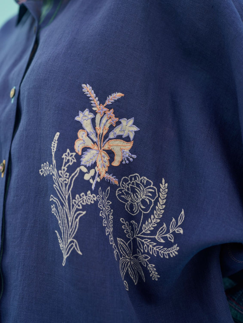 Iva Block Printed Embroidered Co-ord Set - Indigo linen co-ord set by Manan in navy for women Worldwide